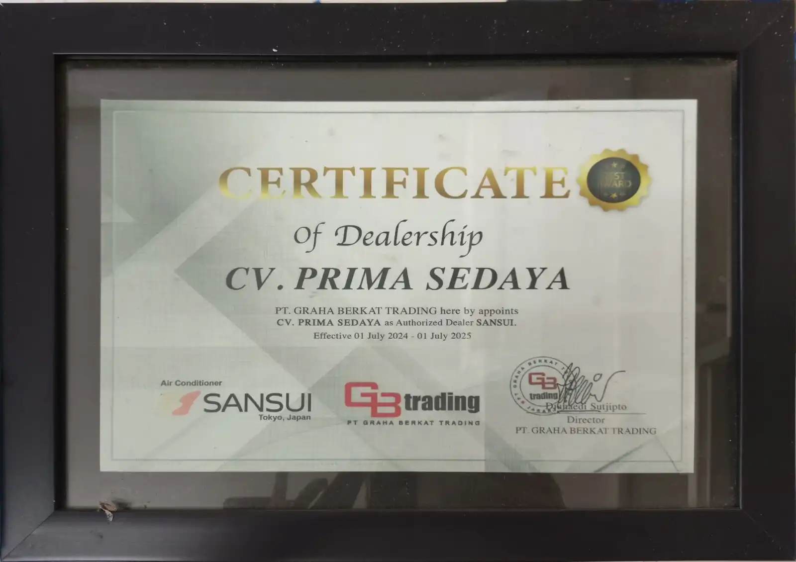 Sertifikat Authorized Dealer Sansui RADJA AC
